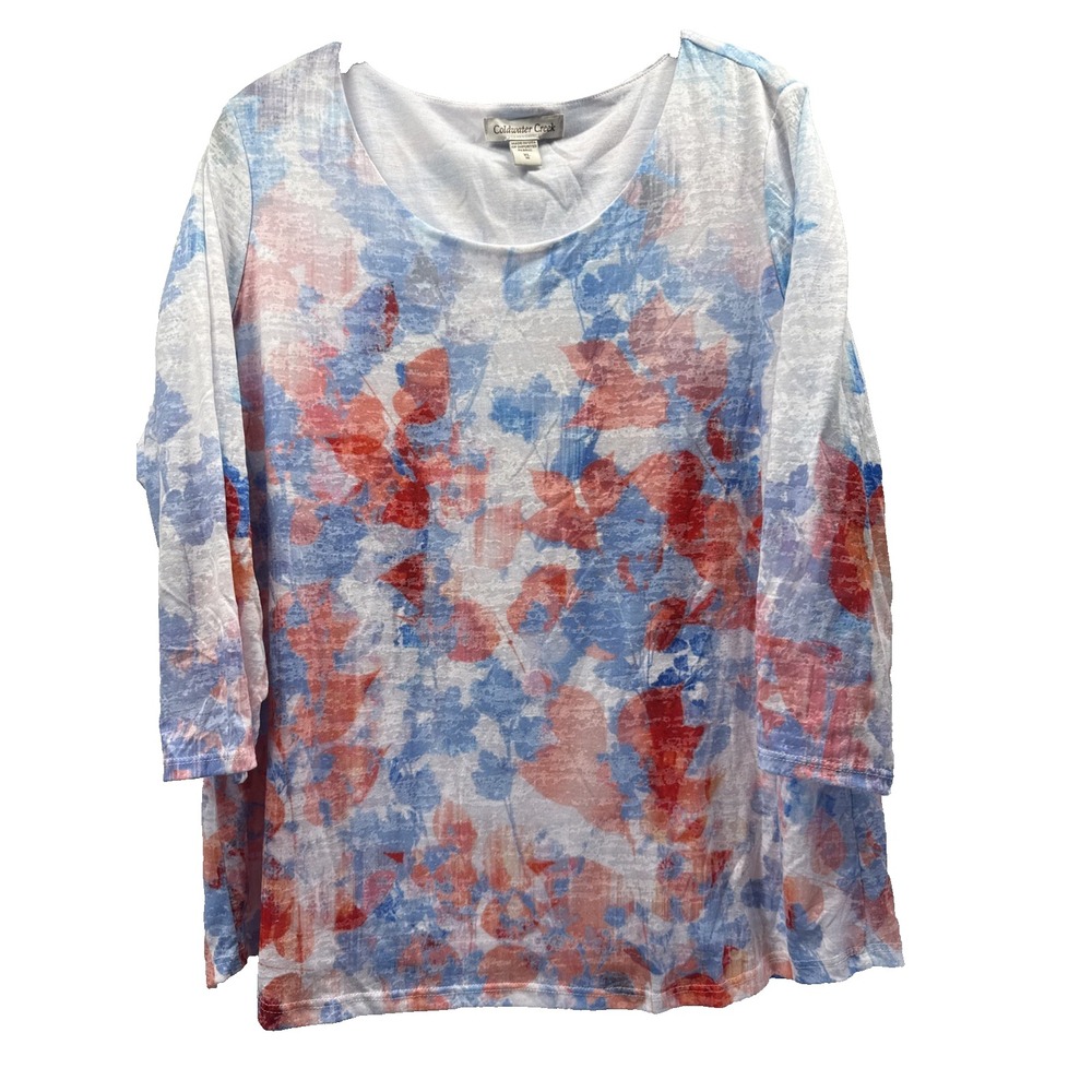 Coldwater Creek Womens XL Blue Red Watercolor Floral Lined 3/4 Sleeve Top